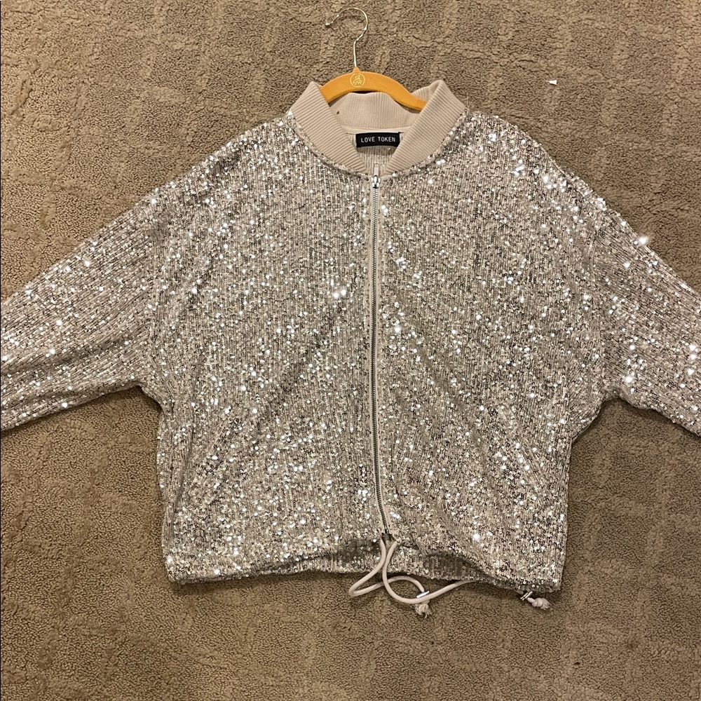 Love Token Silver Sequin Bomber Jacket. Large